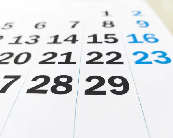 Zbliżenie na kalendarz z widocznymi datami 27, 28, 29. Czy to rok przestępny?