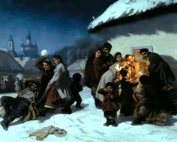 Grupa ludzi świętuje szczodre gody na mroźnym, nocnym tle. Dzieci bawią się na śniegu, a dorośli gromadzą się przy oknie, by ogrzać się przy ogniu.