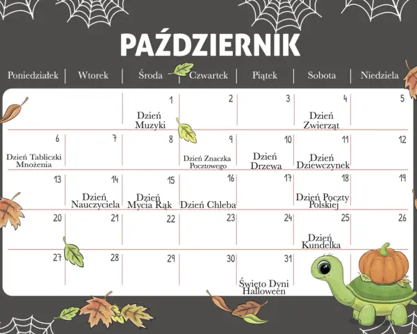 Październikowy kalendarz z jesiennymi liśćmi i żółwiem z dynią. 8 października to Dzień Znaczka Pocztowego. Święta nietypowe w październiku.