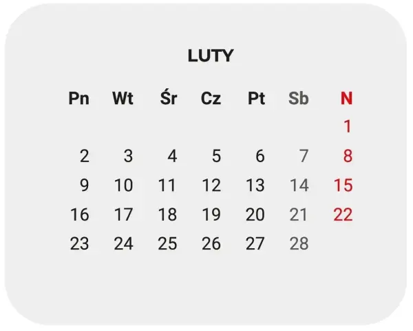 Kalendarz luty 2026. Widoczne dni tygodnia i daty, z zaznaczonymi czerwonymi cyframi dniami 1, 8, 15, 22.