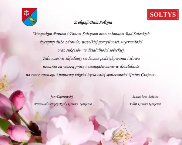 Z okazji Dnia Sołtysa, 11 marca, życzenia zdrowia i sukcesów dla sołtysów Gminy Grajewo.