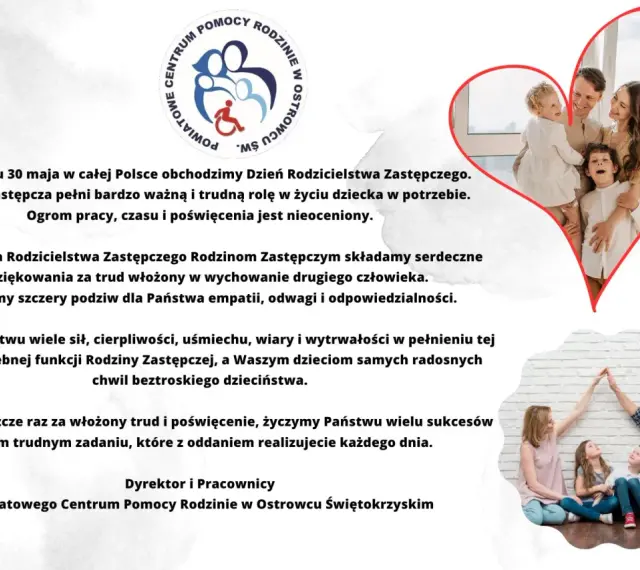 Rodzina zastępcza z dziećmi w sercu i logo centrum pomocy rodzinie.