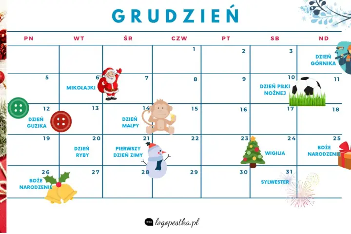 Kalendarz na grudzień z Mikołajkami, Dniem Piłki Nożnej, Wigilią i Bożym Narodzeniem.