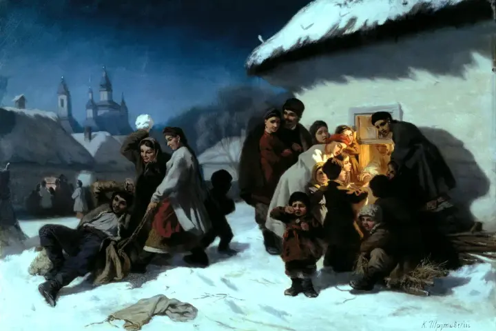 Grupa ludzi świętuje szczodre gody na mroźnym, nocnym tle. Dzieci bawią się na śniegu, a dorośli gromadzą się przy oknie, by ogrzać się przy ogniu.