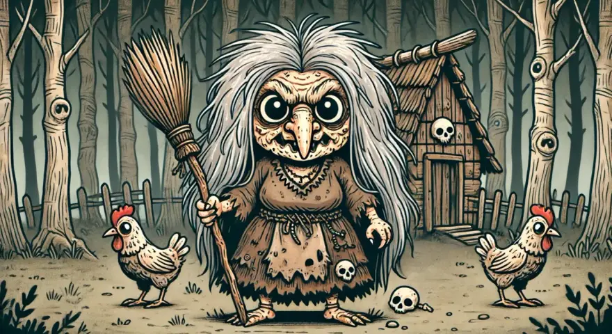 Baba Jaga z miotłą i kurami przed chatką w lesie.