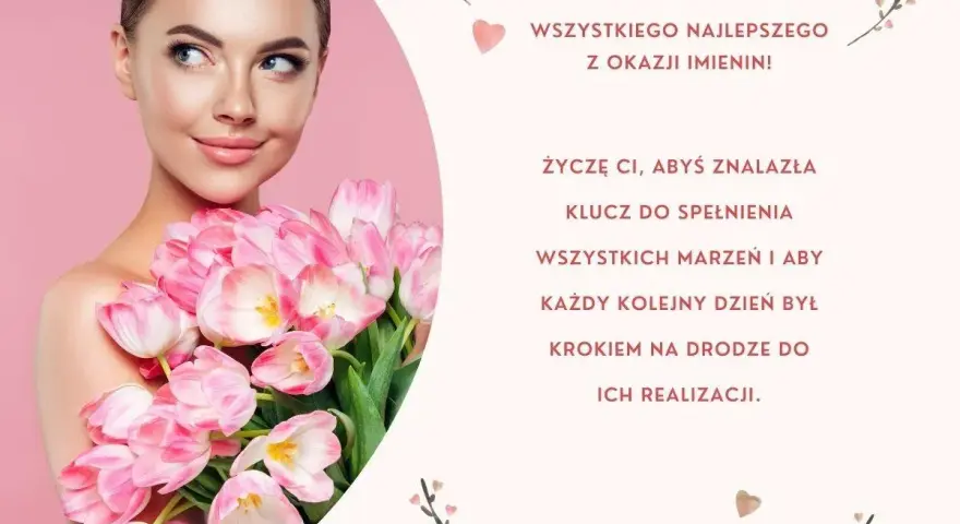 Kobieta z bukietem różowych tulipanów świętuje imieniny Maksymiliana. Życzenia spełnienia marzeń.