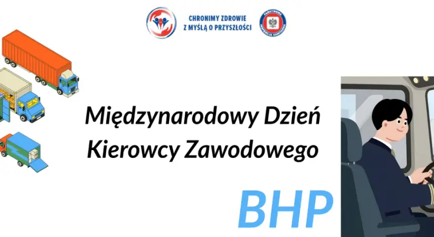 Międzynarodowy Dzień Kierowcy Zawodowego. Ilustracja przedstawia kierowcę za kierownicą i różne ciężarówki.