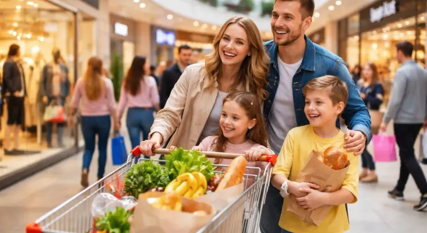 Uśmiechnięta rodzina z wózkiem pełnym zakupów w centrum handlowym. Czy dzisiaj jest niedziela handlowa?