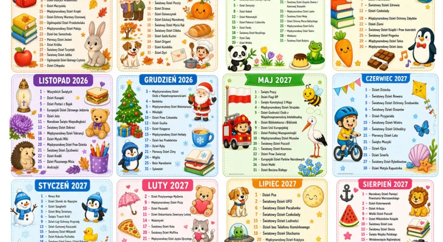 Kalendarz 2026/2027 z ilustracjami. 7 października nietypowe święta, np. Dzień Marchewki i Dzień Zdrowia.