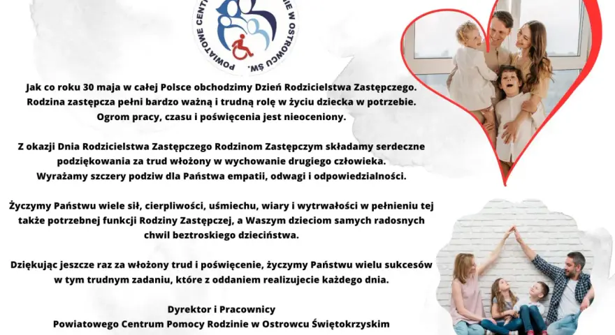 Rodzina zastępcza z dziećmi w sercu i logo centrum pomocy rodzinie.