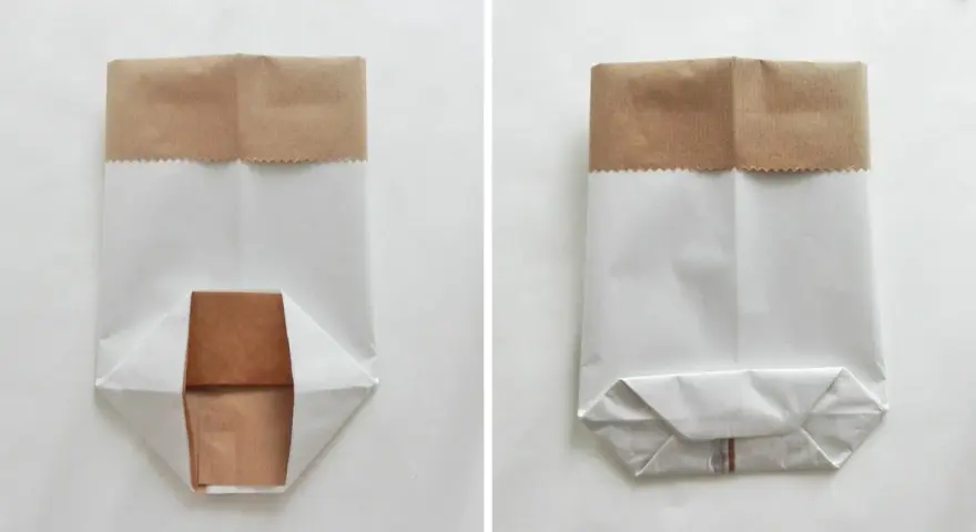 Dwie wersje torebki z papieru diy. Lewa pokazuje dno w trakcie składania, prawa – gotowe, płaskie dno.