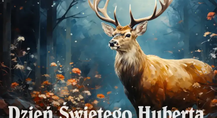 Majestatyczny jeleń z imponującym porożem w jesiennym lesie. Napis "Dzień Świętego Huberta" podkreśla uroczysty charakter sceny.