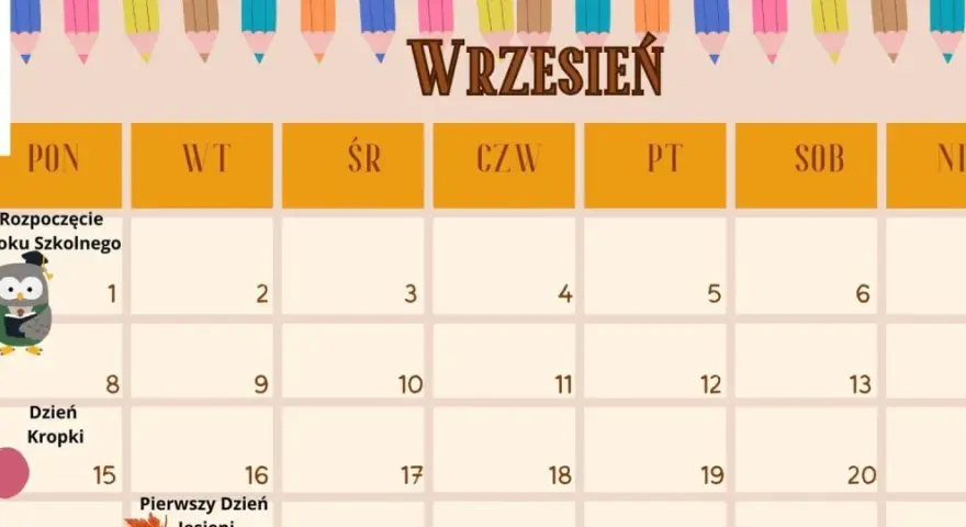 Kalendarz na wrzesień z sową w czapce absolwenta i kolorowymi kredkami. 1 września to rozpoczęcie roku szkolnego.