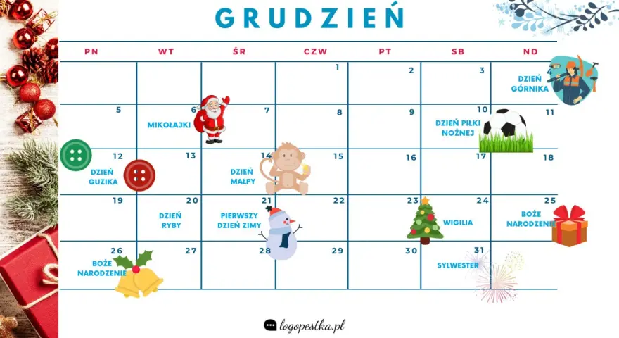 Kalendarz na grudzień z Mikołajkami, Dniem Piłki Nożnej, Wigilią i Bożym Narodzeniem.