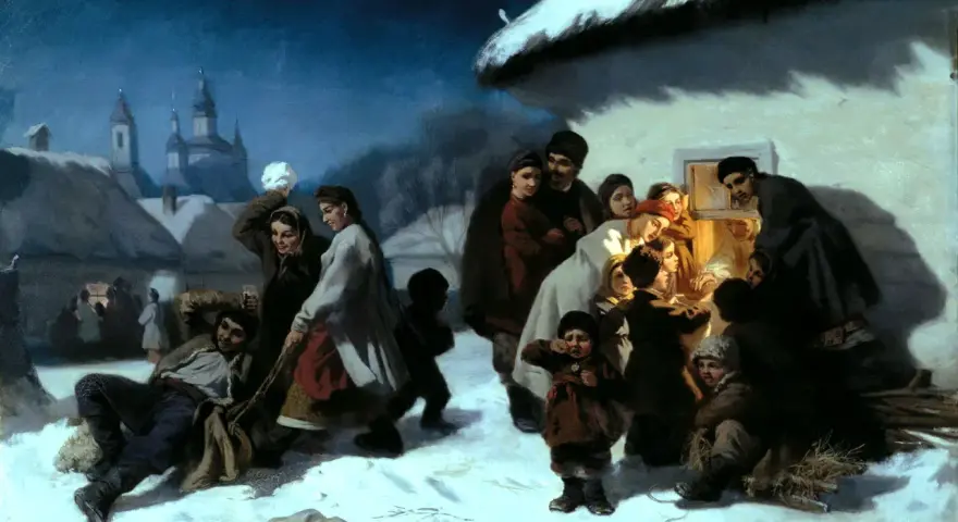 Grupa ludzi świętuje szczodre gody na mroźnym, nocnym tle. Dzieci bawią się na śniegu, a dorośli gromadzą się przy oknie, by ogrzać się przy ogniu.