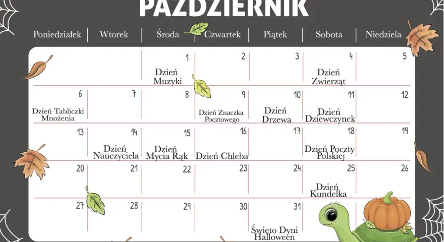 Październikowy kalendarz z jesiennymi liśćmi i żółwiem z dynią. 8 października to Dzień Znaczka Pocztowego. Święta nietypowe w październiku.