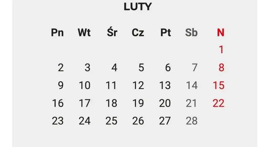 Kalendarz luty 2026. Widoczne dni tygodnia i daty, z zaznaczonymi czerwonymi cyframi dniami 1, 8, 15, 22.