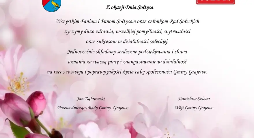 Z okazji Dnia Sołtysa, 11 marca, życzenia zdrowia i sukcesów dla sołtysów Gminy Grajewo.