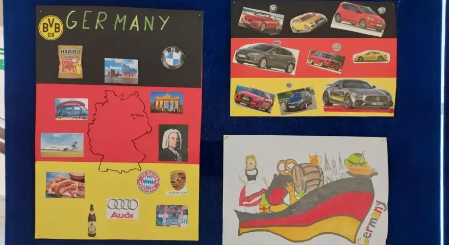3 października święto Niemiec. Kolaż z symbolami kraju: mapą, samochodami, jedzeniem i zabytkami.