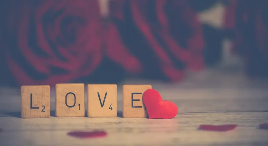 Drewniane klocki z napisem "LOVE" i czerwone serce na tle róż. Od kiedy obchodzimy walentynki w Polsce?