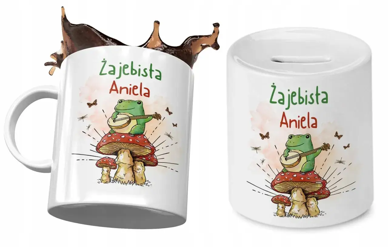 Kubek i skarbonka z napisem
