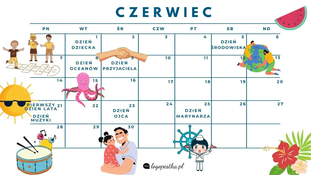 Kalendarz na 26 czerwca. Dzień Marynarza. W tle słońce, ośmiornica, dzieci, bębenek i kwiaty.