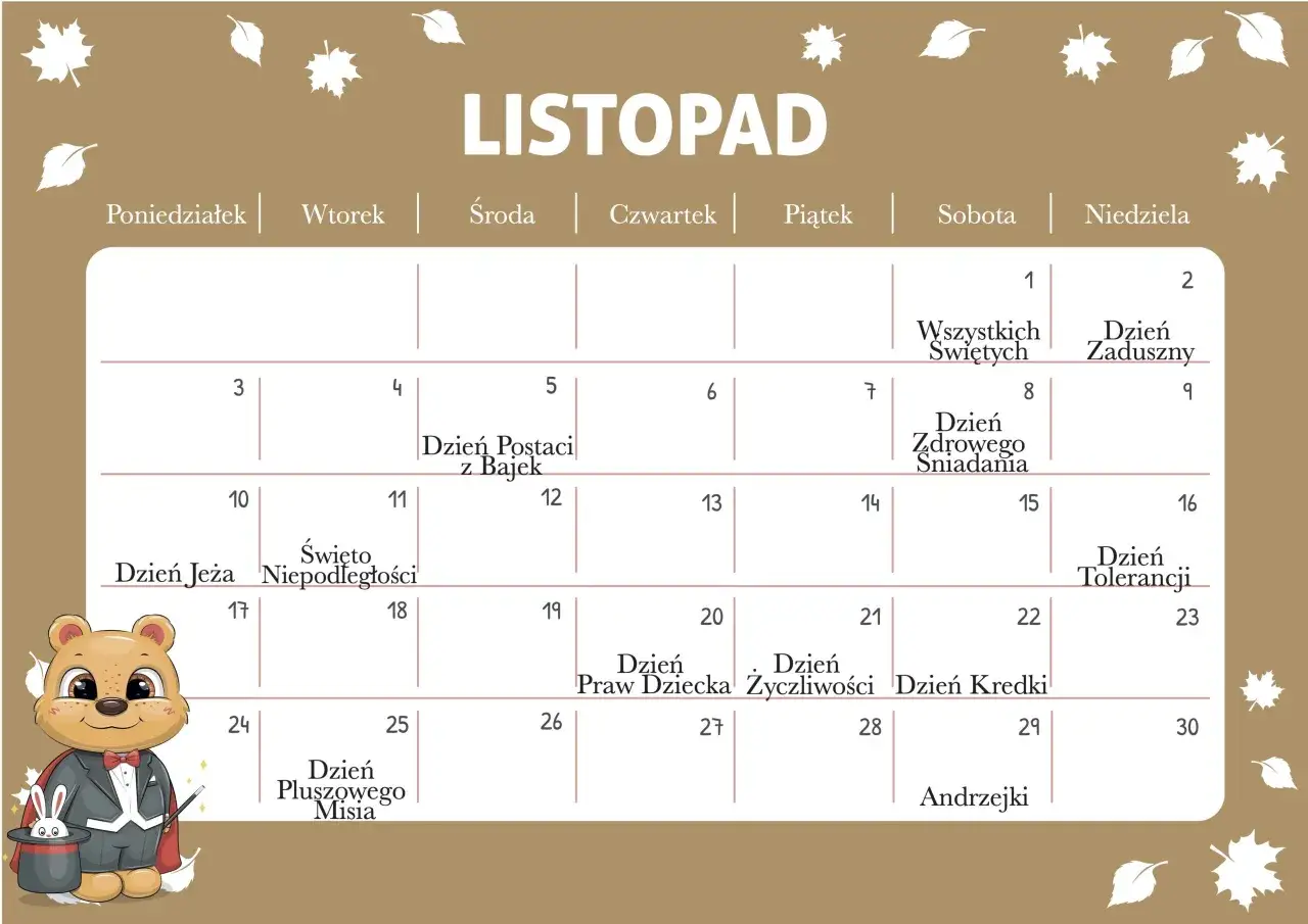 Kalendarz na listopad. 11 listopada to Święto Niepodległości. Na dole uroczy miś magik.