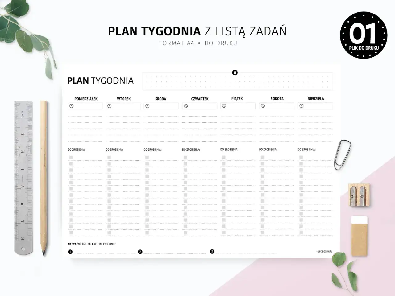 Plan tygodnia z listą zadań do druku. Pomaga zorganizować obowiązki od poniedziałku do niedzieli.