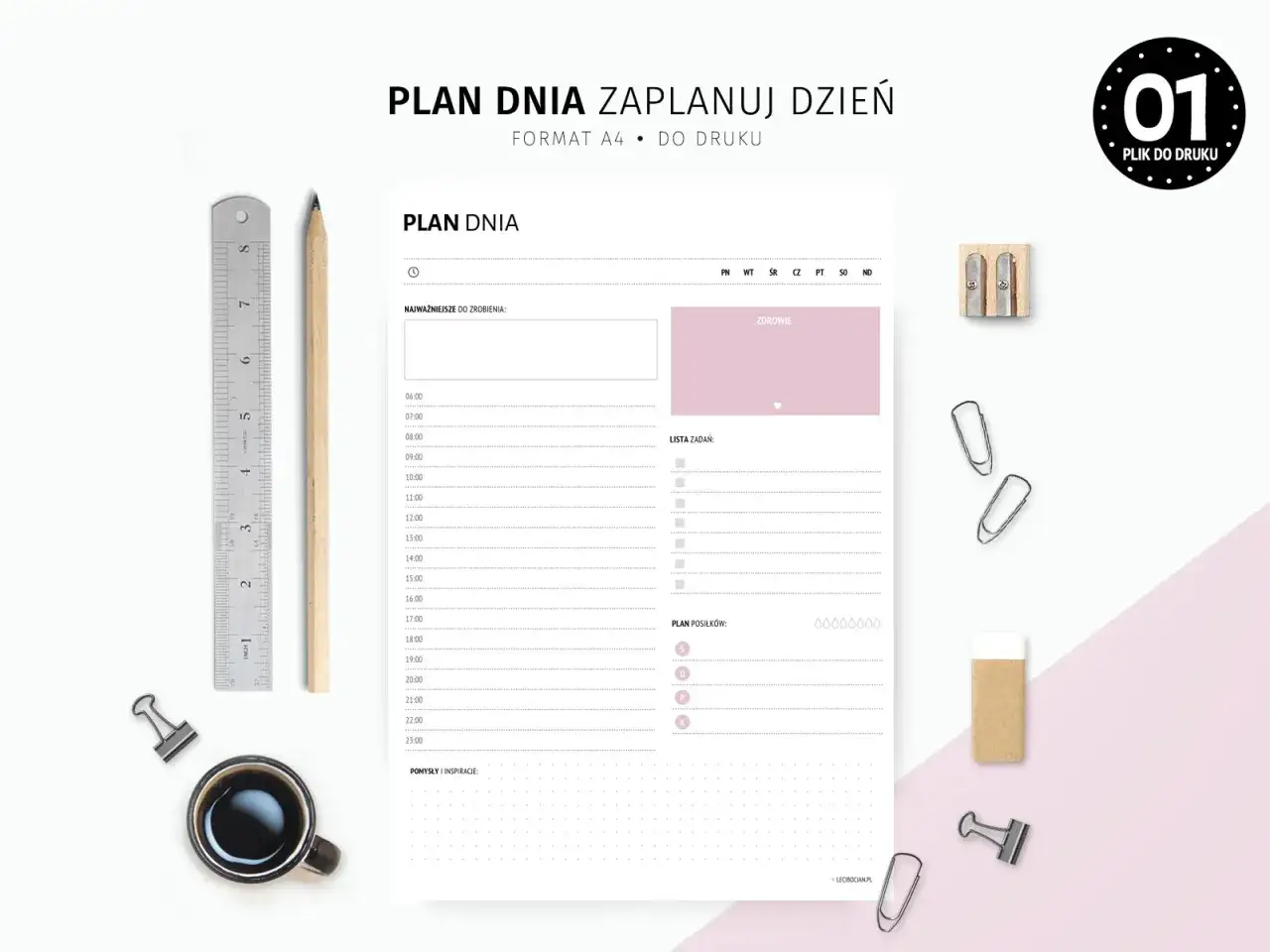 Planowanie dnia: planer z godzinowym harmonogramem, listą zadań i sekcją na zdrowie. Obok przybory biurowe i kawa.