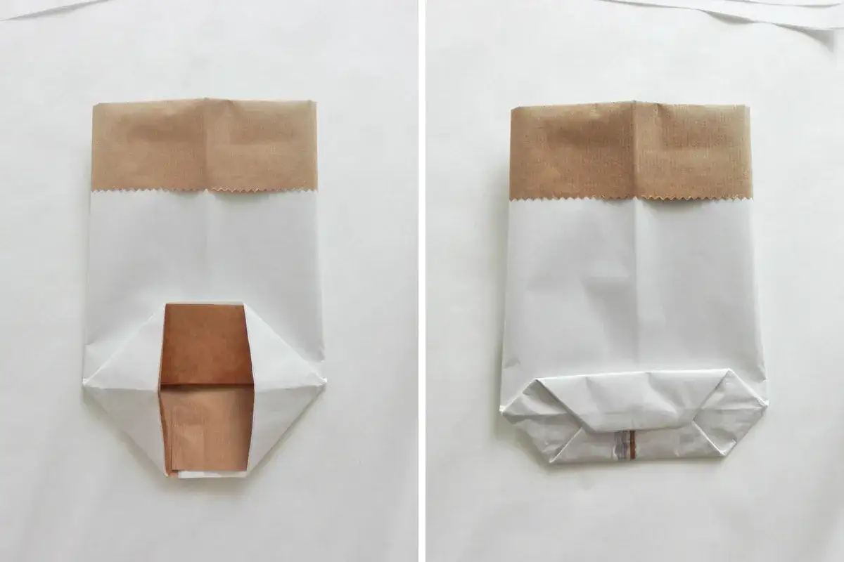 Dwie wersje torebki z papieru diy. Po lewej dno otwarte, po prawej złożone.