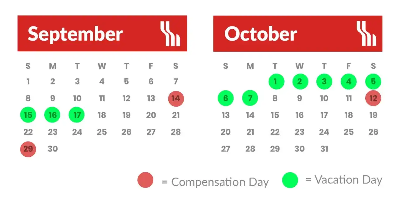11 października to dzień wolny od pracy (Compensation Day). Kalendarz pokazuje dni urlopowe i rekompensaty.