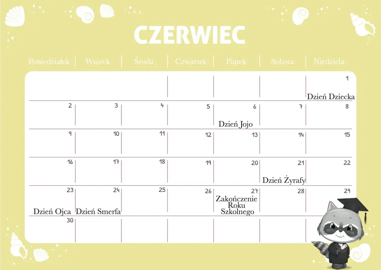 Kalendarz na czerwiec. 7 czerwca to Dzień Dziecka. Na dole rysunek szopa w togach.
