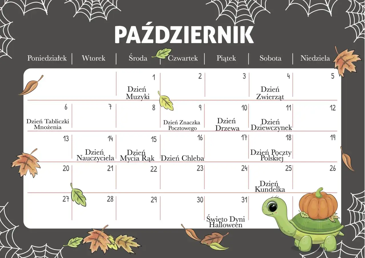Październikowy kalendarz z jesiennymi liśćmi i ż&oacute;łwiem z dynią. 7 października to Dzień Tabliczki Mnożenia, a 31. Dzień Dyni Halloween.