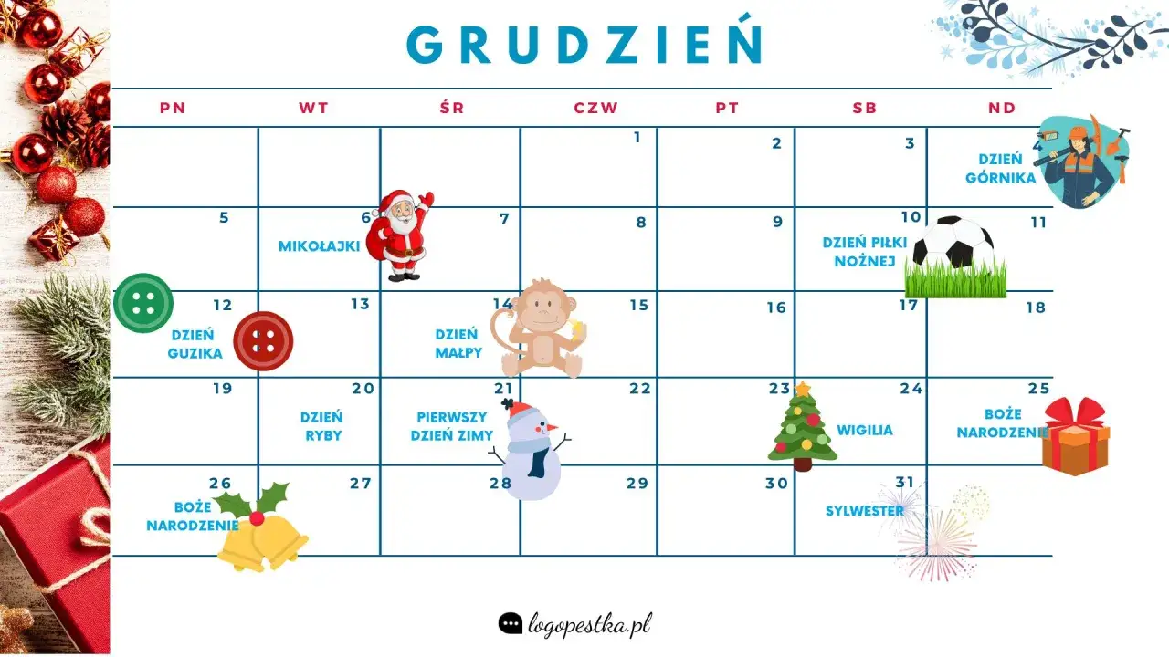 Kalendarz na grudzień z Mikołajkami, Dniem Piłki Nożnej, Wigilią i Bożym Narodzeniem.