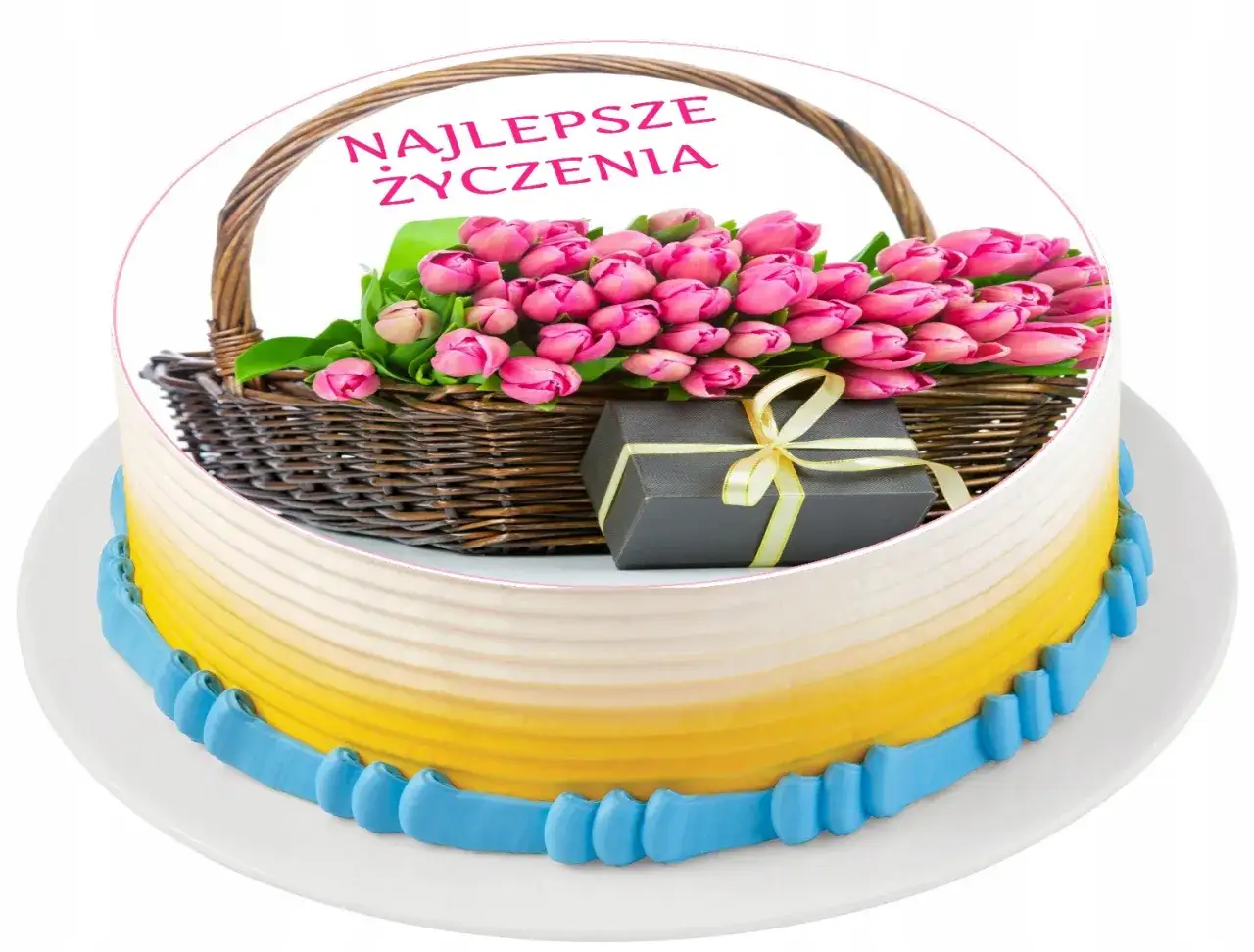 Koszyk z różowymi tulipanami i prezentem na torcie z napisem