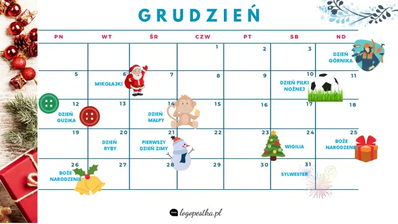 Kalendarz na grudzień z Mikołajkami, Dniem Piłki Nożnej, Wigilią i Bożym Narodzeniem.